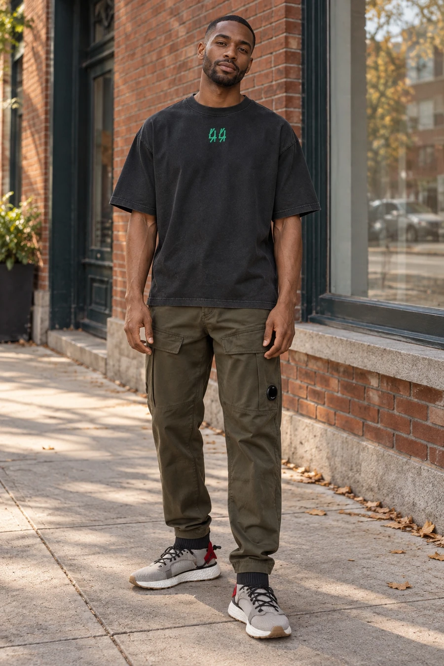 An adult man wears a faded black tee, olive grey cargo trousers and grey sock trainers on a Toronto sidewalk.