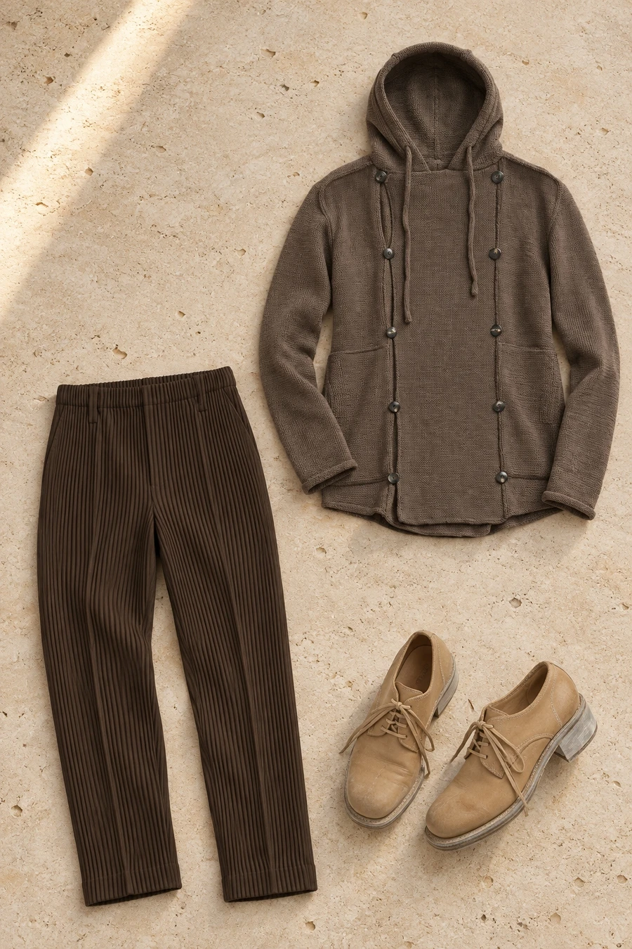 A fango Masnada cardigan, brown Homme Plisse trousers and beige Guidi loafers.
