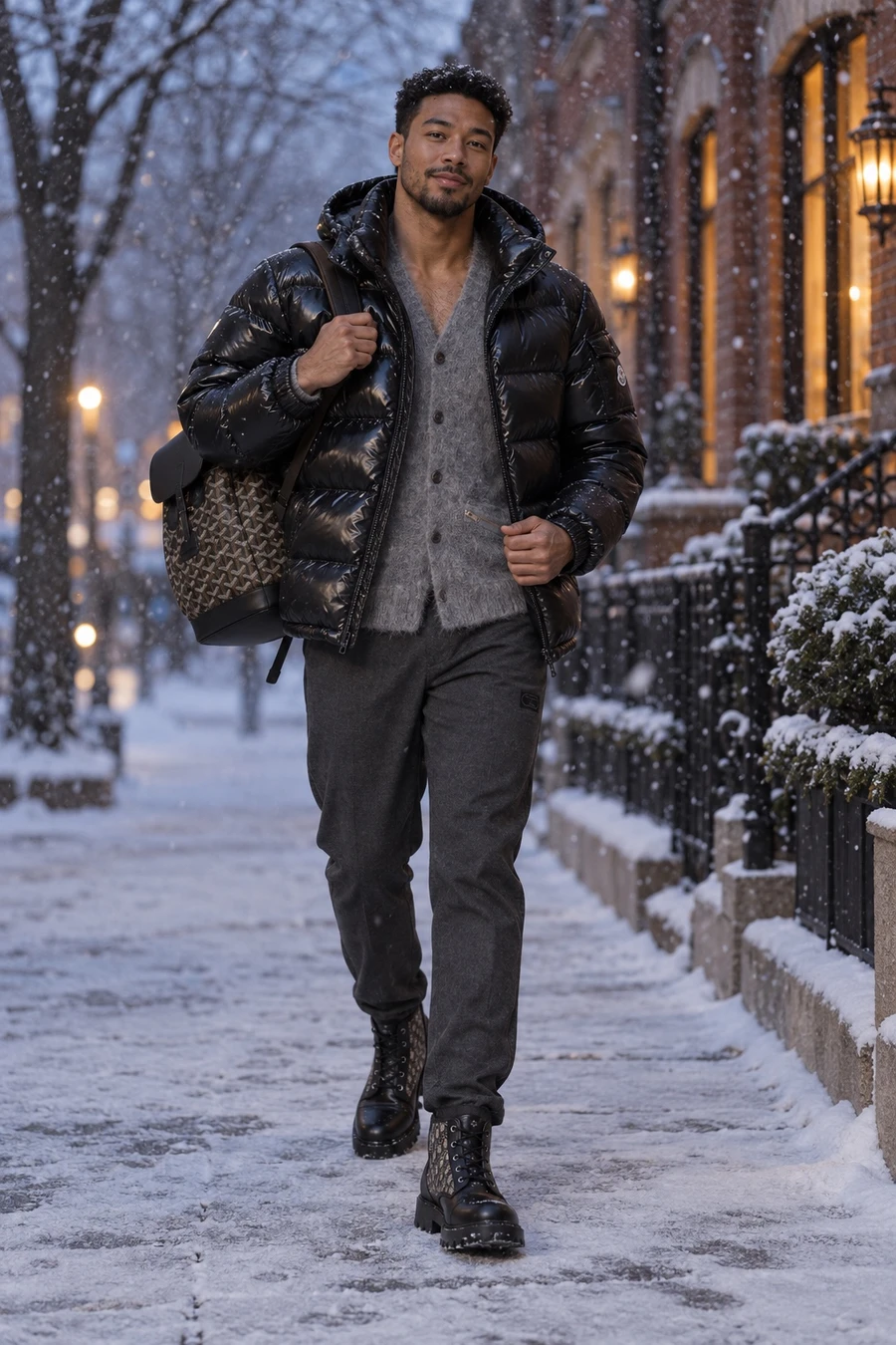 A man in a black Moncler Maya jacket, a grey Undercover mohair cardigan, charcoal trousers and Dior Explorer boots walks down a snowy Yorkville street with a Goyard backpack.