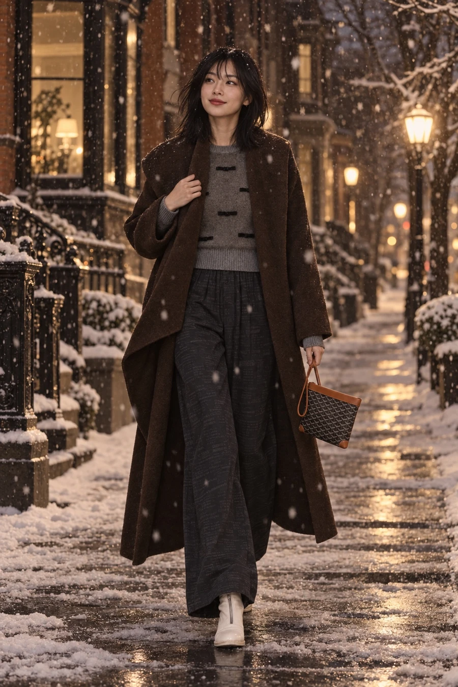 A Korean Canadian woman in a long chocolate RUOHAN coat, a grey Nina Ricci knit, dark wide trousers and white Guidi boots carries a Goyard pouch through the first snow in Yorkville.