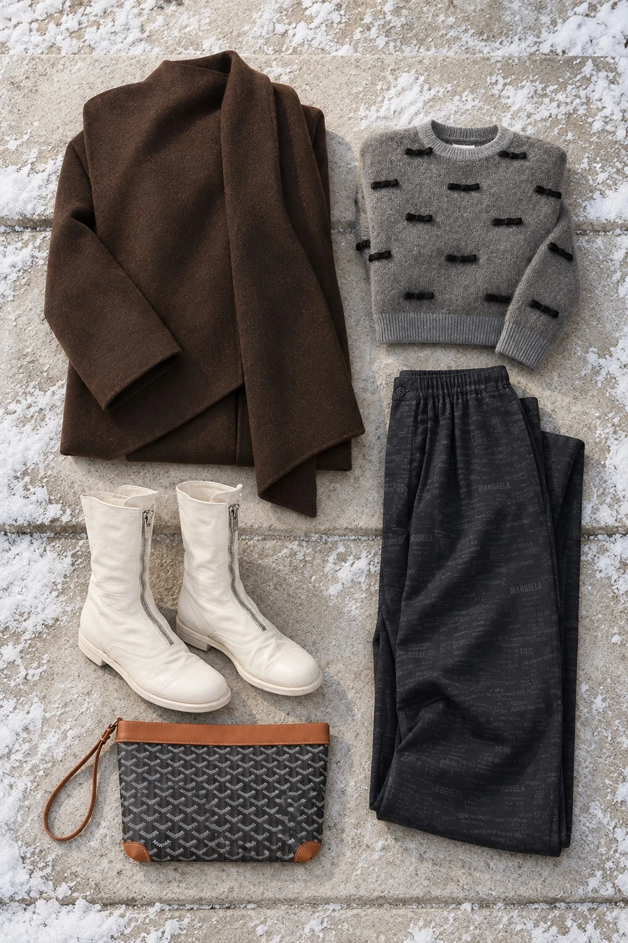 First snow in Yorkville. Flat lay of a dark chocolate RUOHAN coat, a grey Nina Ricci sweater and dark anthracite MM6 trousers.