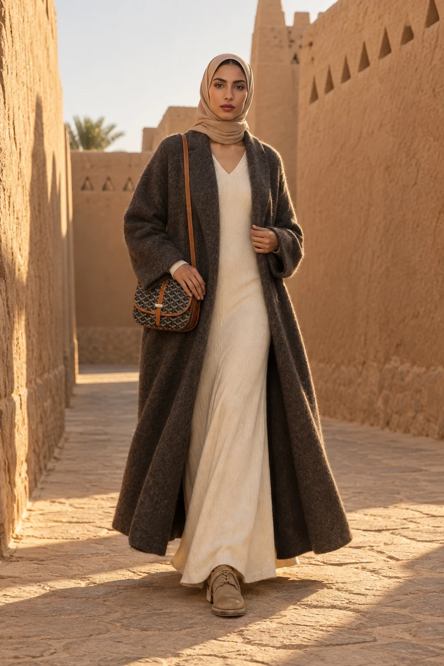 A Saudi woman in a sand hijab wears an umber RUOHAN coat, ivory knit maxi dress, beige Guidi shoes and a Goyard Belvedere bag by mud brick walls in Diriyah.