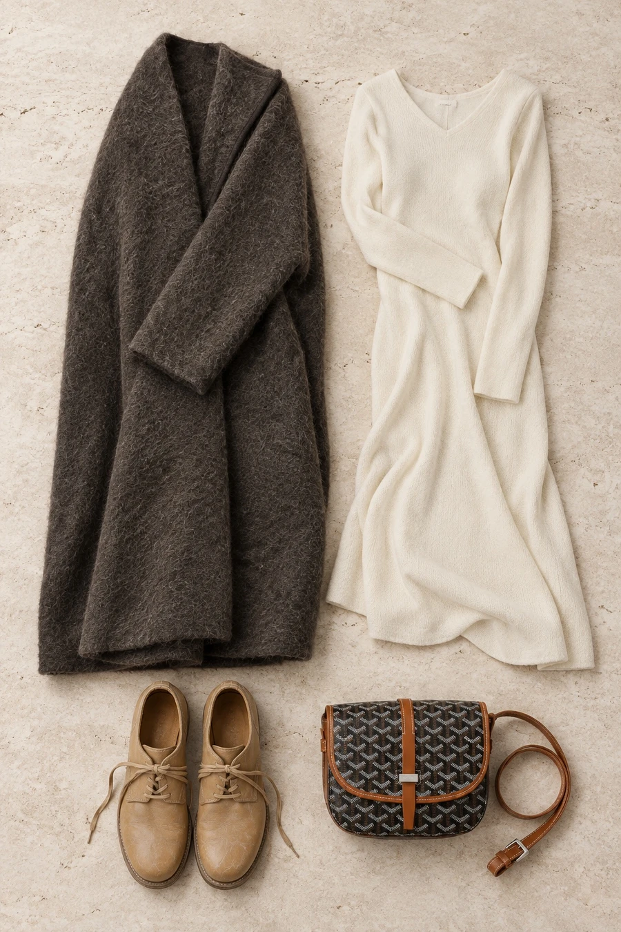 Golden hour at Diriyah. Flat lay of an umber RUOHAN coat, an ivory RUOHAN dress, beige Guidi loafers and a black Goyard bag.