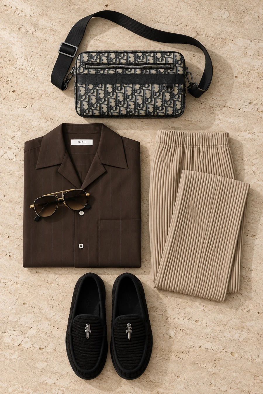 Golden hour on a Downtown rooftop. Flat lay of a chocolate UJOH shirt, beige Issey Miyake trousers, black Chrome Hearts loafers and a beige Dior bag.