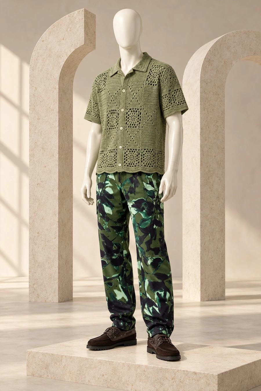 Green Carbone crochet shirt, Davi floral trousers and brown Les Deux boat shoes on an ivory mannequin between stone arches.