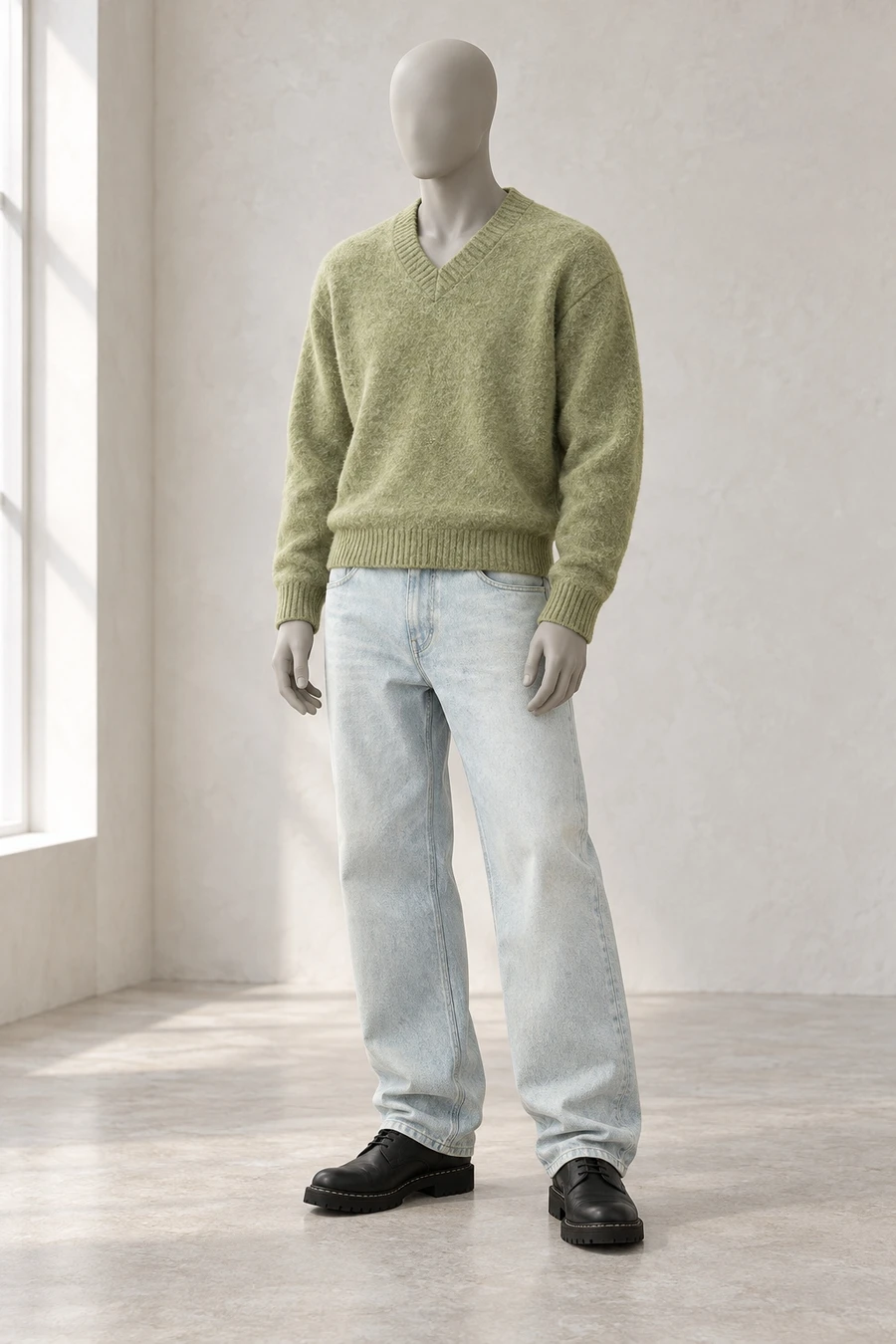 A faceless display mannequin in a Toronto showroom. A pale green COOR V neck sits above ice blue straight jeans and black Guidi derbies.