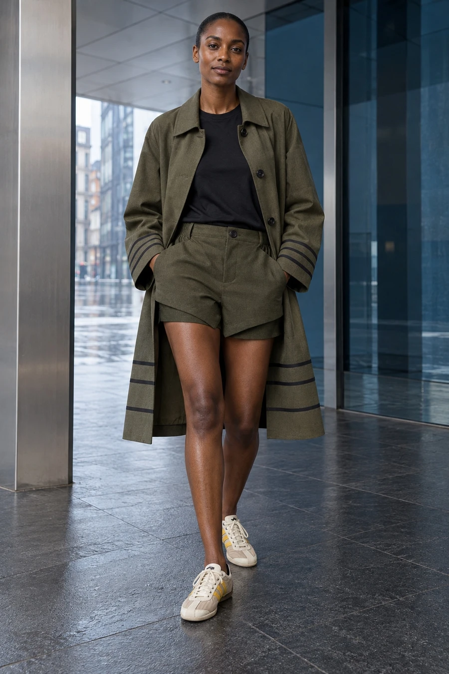 An adult woman wears green technical tailoring at a shoreditch canopy in London.