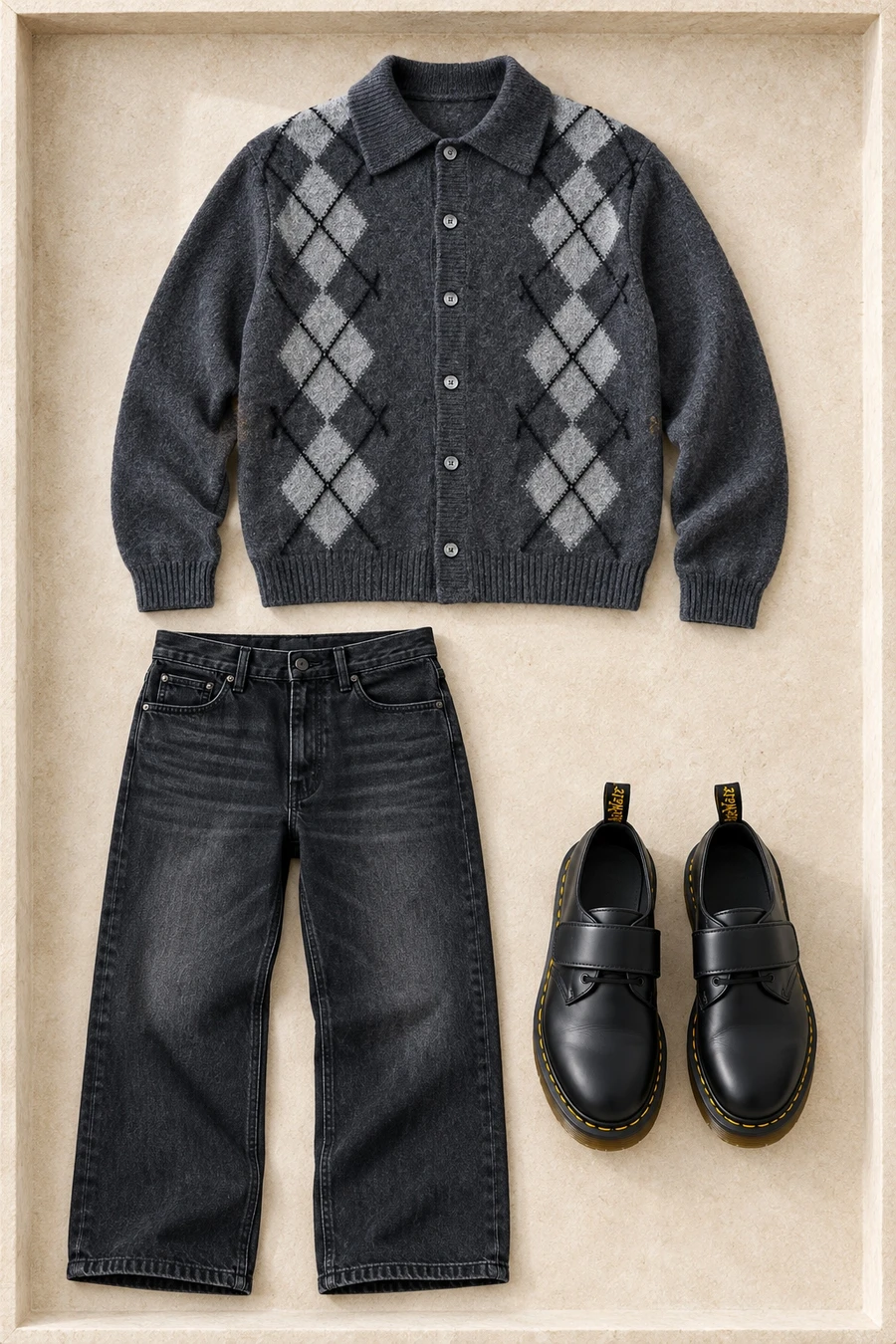 A grey COOR argyle cardigan and black jeans with black Dr. Martens shoes.