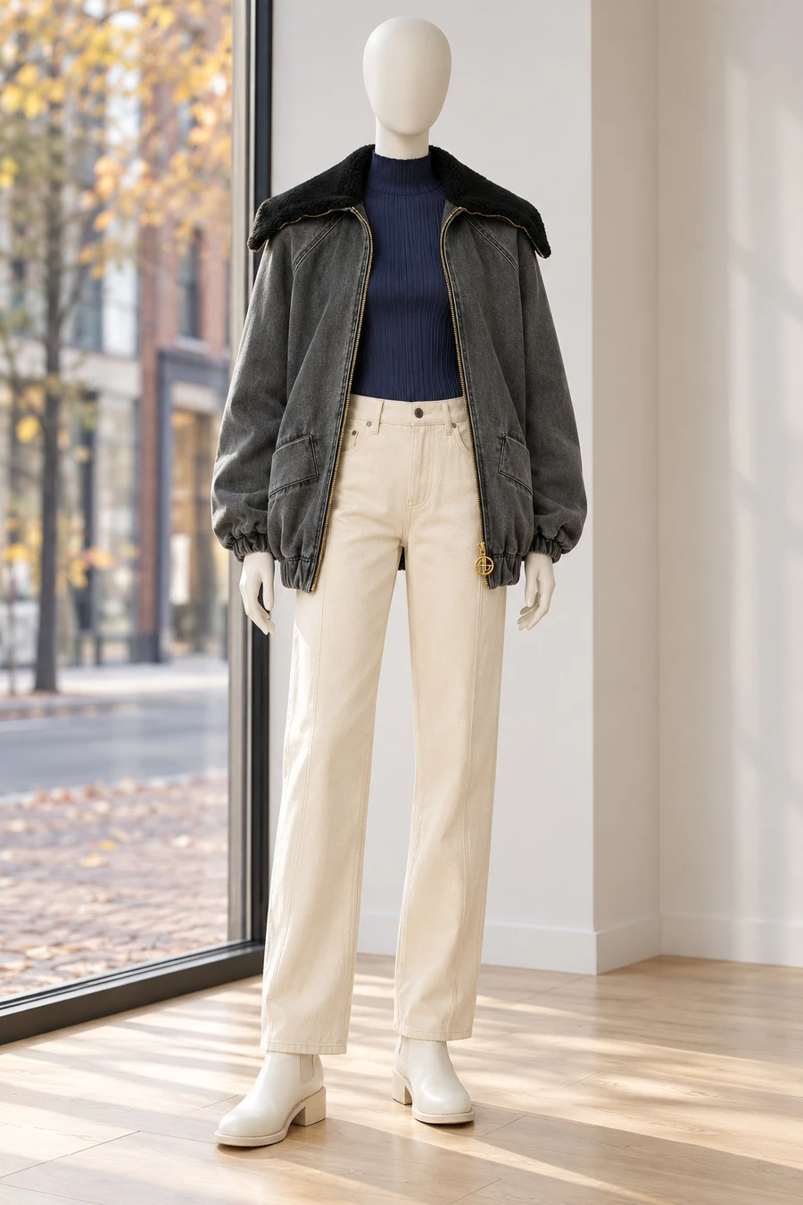 A faceless display mannequin wears a grey Patou jacket, navy pleated top, ecru Helmut Lang jeans and white Guidi Chelsea boots.
