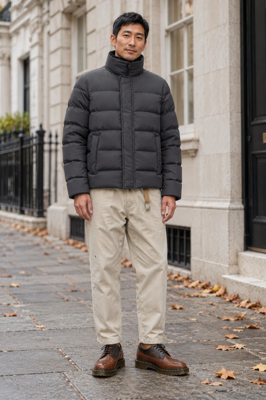 An adult man wears a grey down jacket and beige trousers with brown leather brogues on a London street.