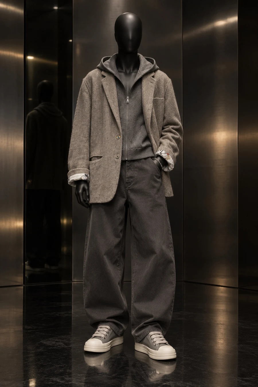 A faceless black mannequin wears an Undercover grey blazer, a COOR grey hoodie, charcoal curved trousers, grey Rick Owens Temples and a silver bracelet in a steel room.