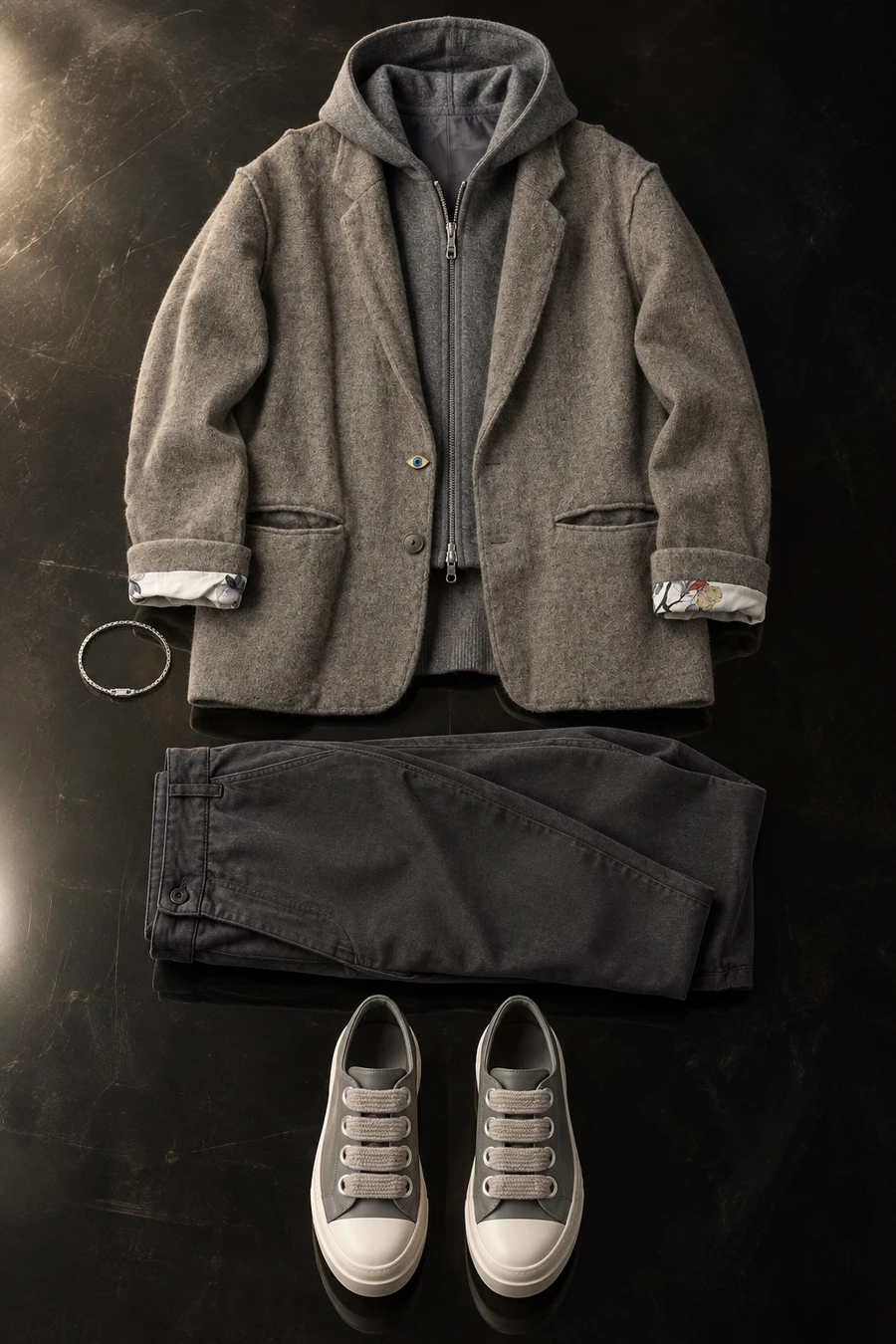 Grey on grey in four shades. Flat lay of a grey and beige Undercover blazer, a grey COOR hoodie, charcoal trousers and grey Rick Owens sneakers.