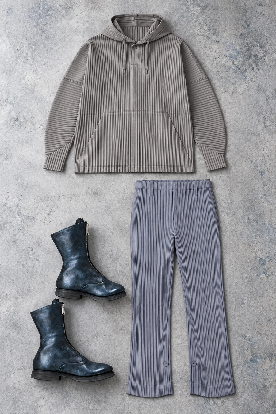 Homme Plisse Issey Miyake, Guidi pieces arranged on a New York outfit board.