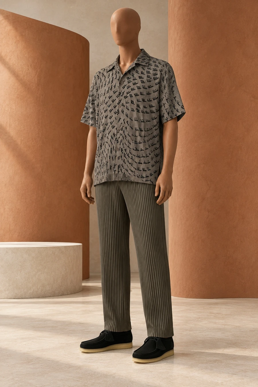 Grey printed pleated shirt, dark khaki pleated trousers and black Clarks shoes on a clay mannequin in a split alcove.