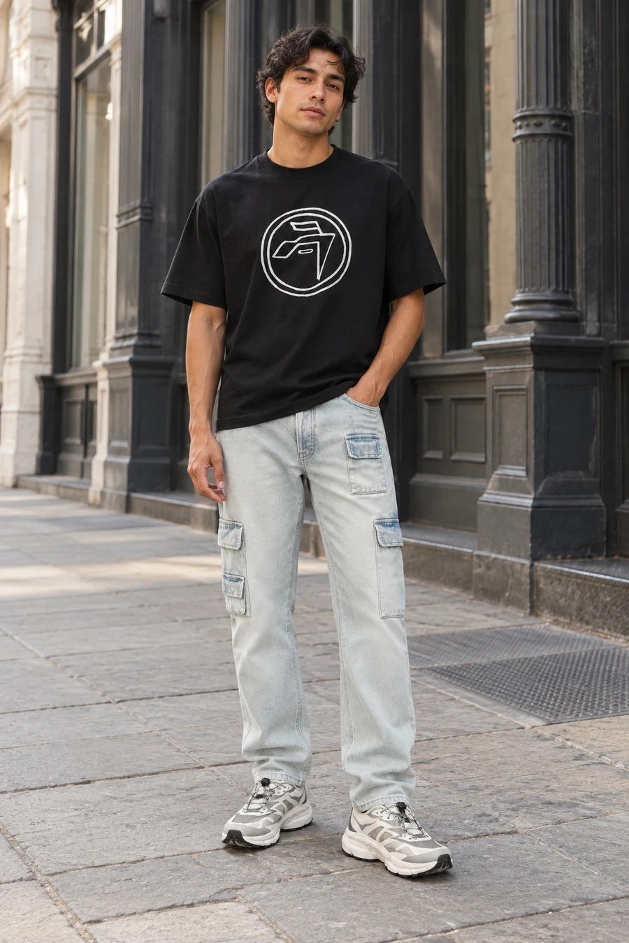 An adult man wears a black circle graphic tee, pale blue cargo jeans and white trail shoes on a New York street.
