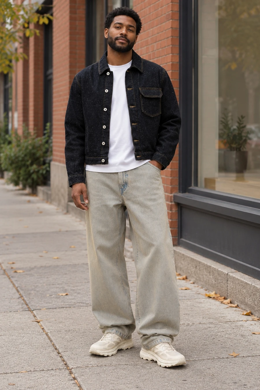 An adult man wears a dark indigo denim jacket, white tee and loose beige jeans with pale trail shoes in Toronto.