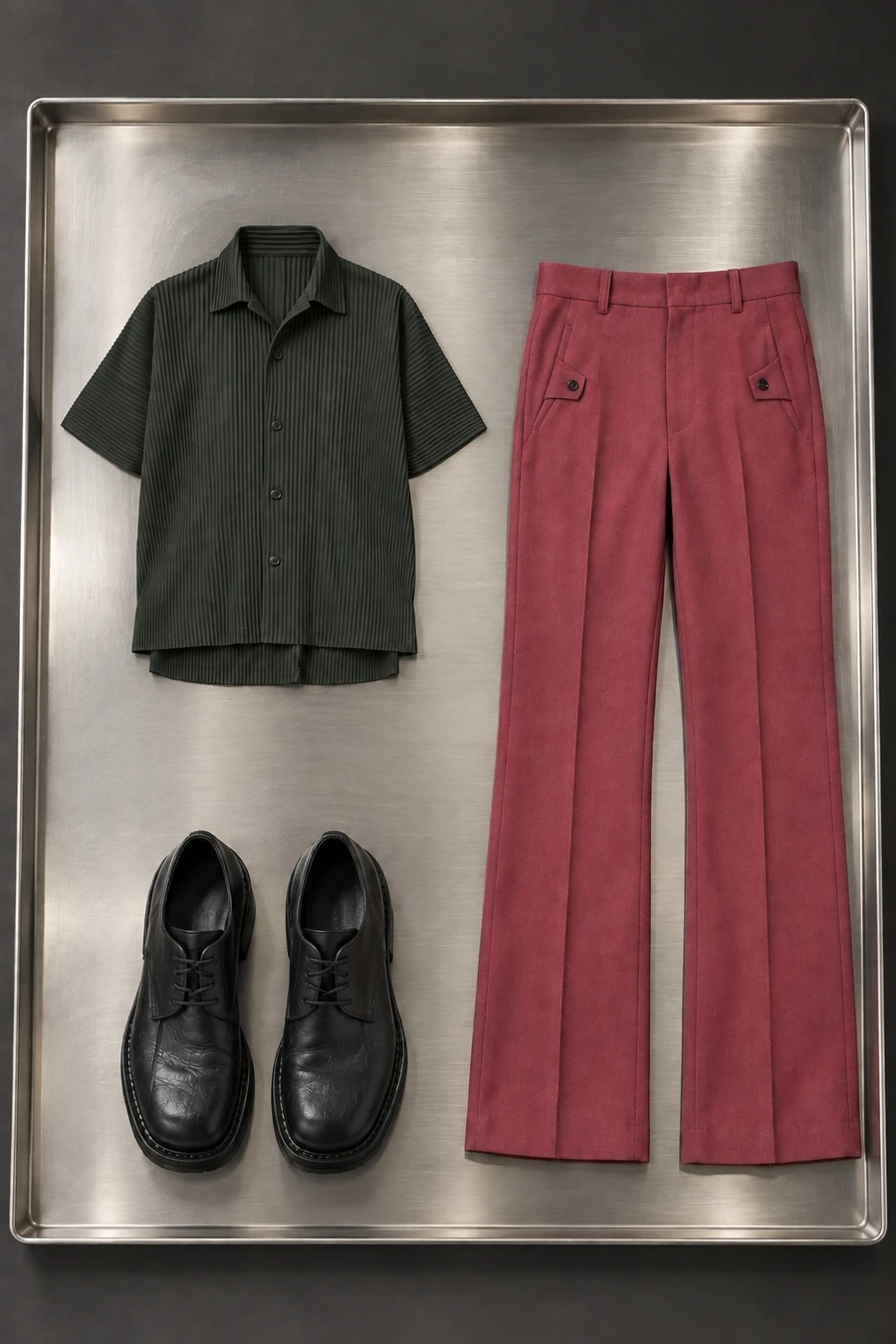 An inky grey Homme Plisse shirt, pink Andersson Bell trousers and black Guidi derbies.