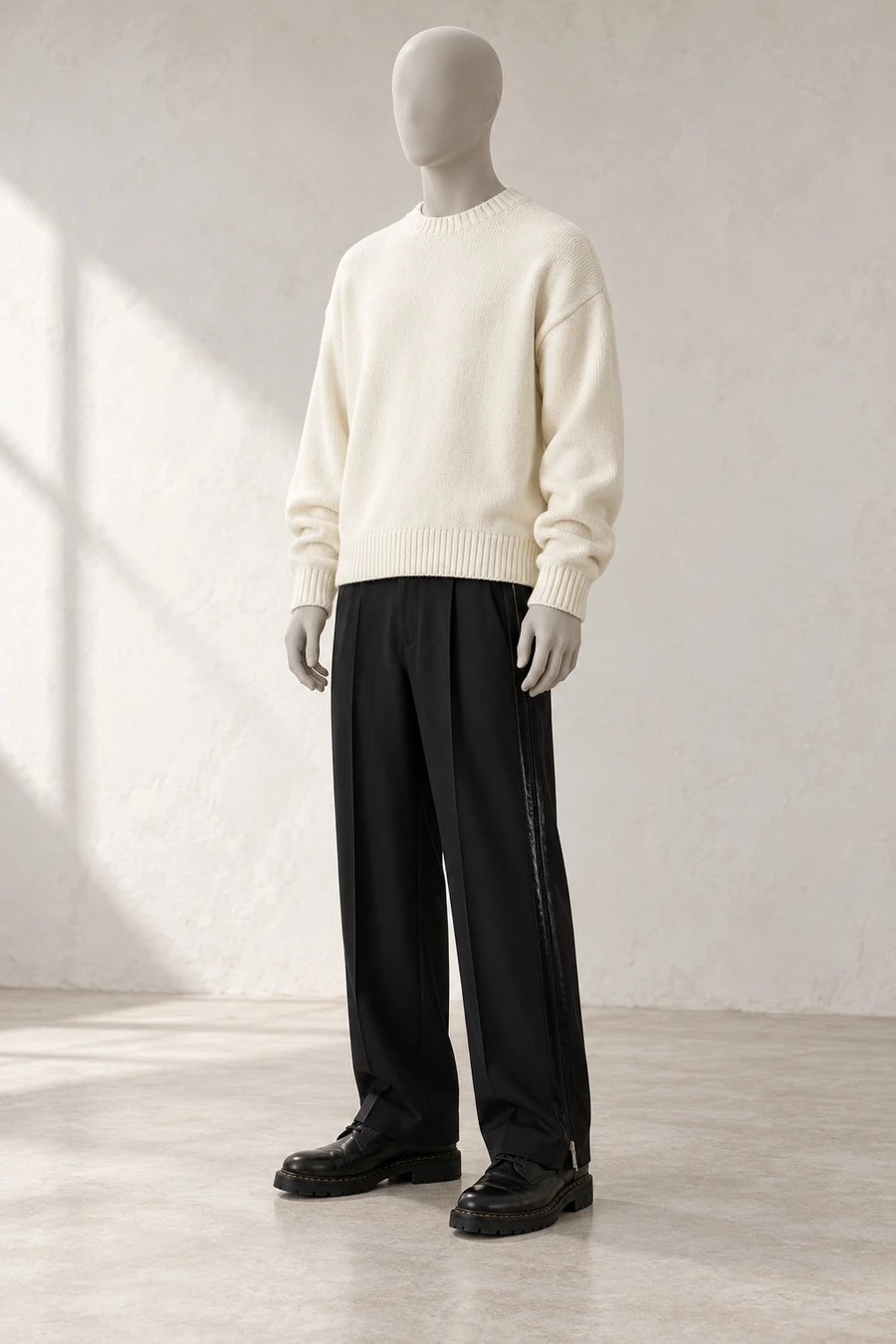 A faceless display mannequin in a Tokyo showroom. An ivory COOR knit meets black Helmut Lang zip trousers and black Guidi derbies.
