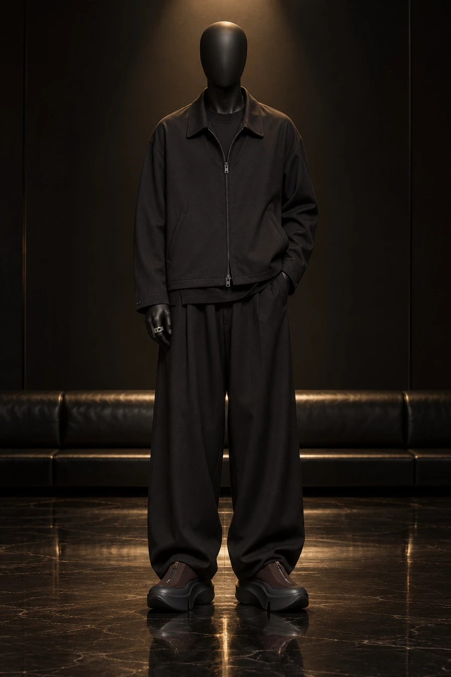 A faceless black mannequin wears a Y-3 wool blouson and wide trousers, a UJOH long sleeve and Grounds x Undercover sneakers in a black lacquered salon.