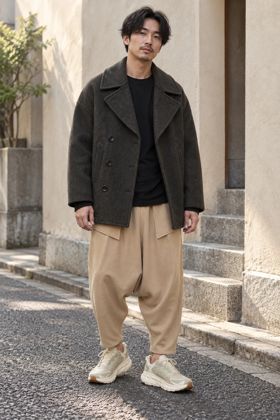 An adult man wears a dark khaki pea coat, black tee and beige sarouel trousers with pale green trainers in Tokyo.
