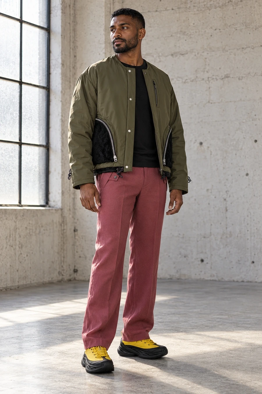 An adult man wears khaki volume and pink wool in Toronto.