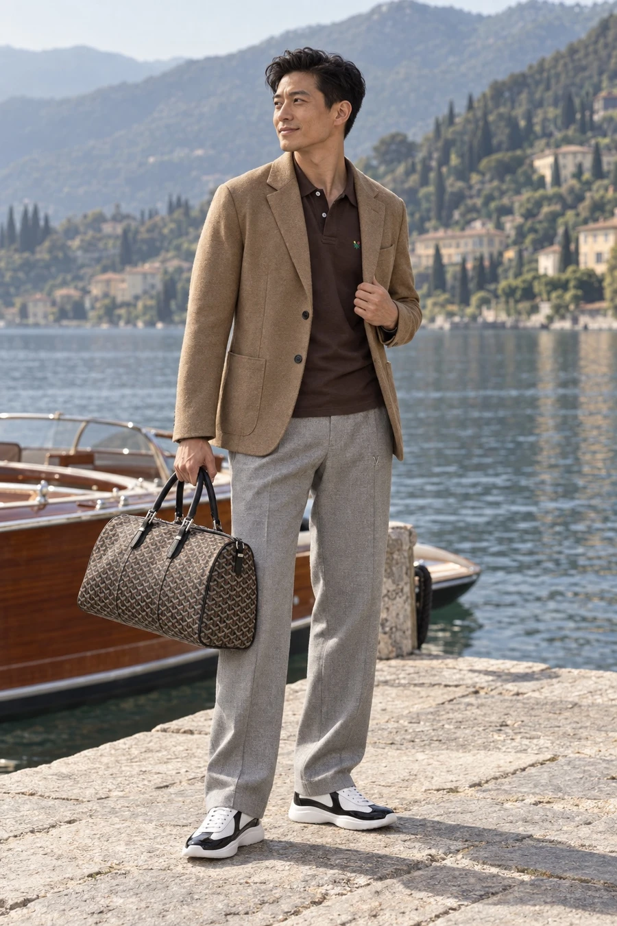 A Hong Kong Chinese man in a camel Tiger of Sweden blazer, a brown Aimé Leon Dore polo, grey Louis Vuitton trousers and Prada America's Cup sneakers steps onto a Lake Como boat landing with a Goyard duffel.