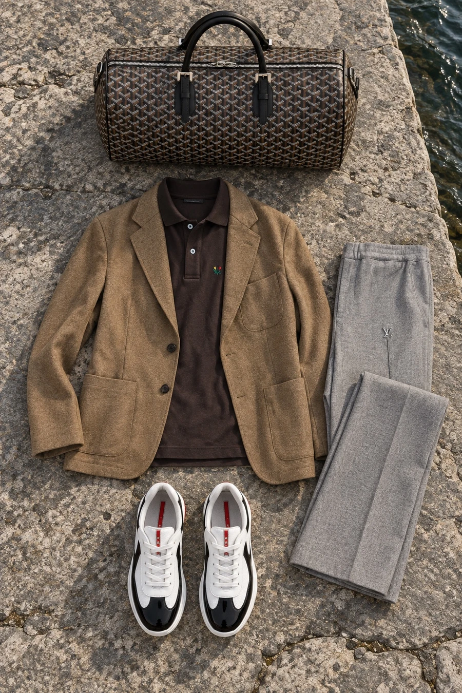 Lake Como by boat. Flat lay of a camel Tiger of Sweden blazer, a brown Aime Leon Dore polo and light grey Louis Vuitton track pants.