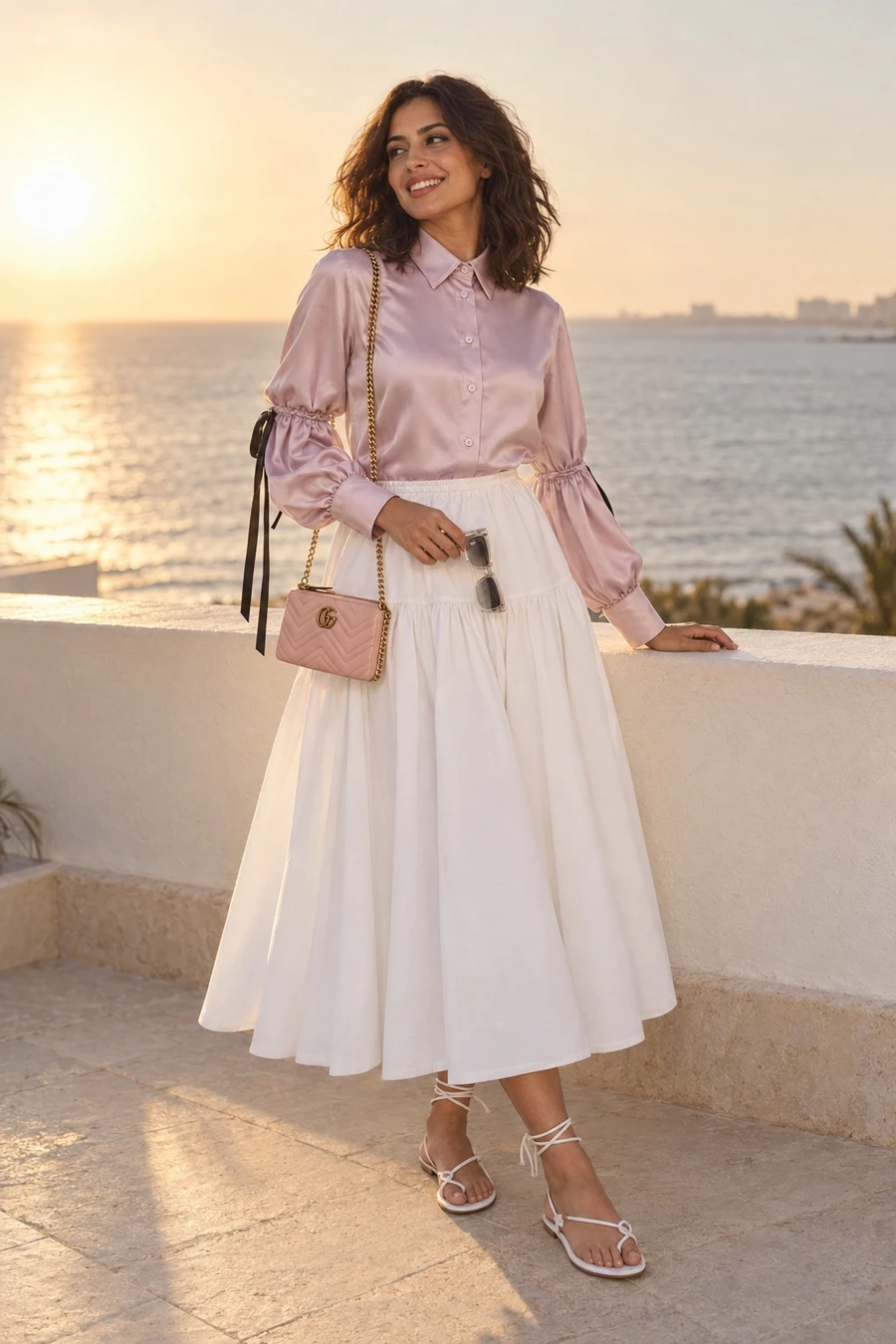 An Egyptian woman in a lilac Nina Ricci satin shirt and white Patou maxi skirt holds Chrome Hearts sunglasses, a pink Gucci Marmont at her hip, in Jumeirah.