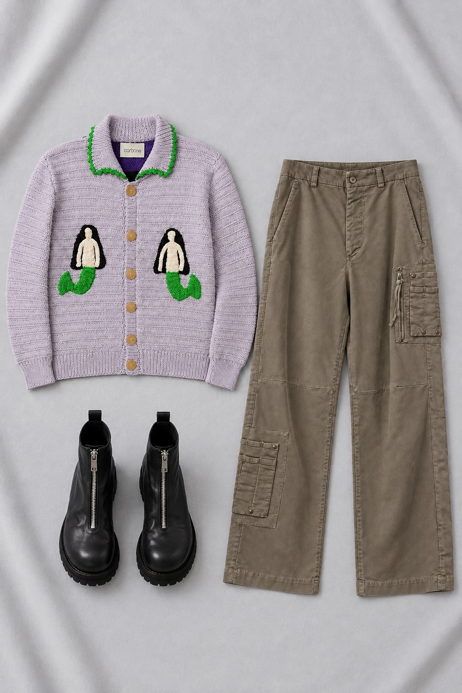 A lilac Carbone cardigan, swamp Masnada cargo trousers and black Guidi boots.