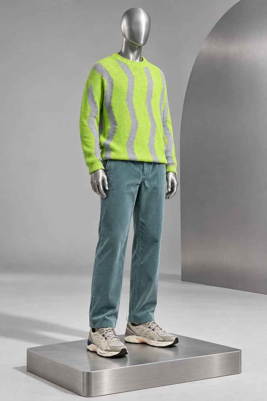 Lime and grey Serapis sweater, teal corduroy trousers and cream Asics trainers on a silver mannequin and steel plinth.
