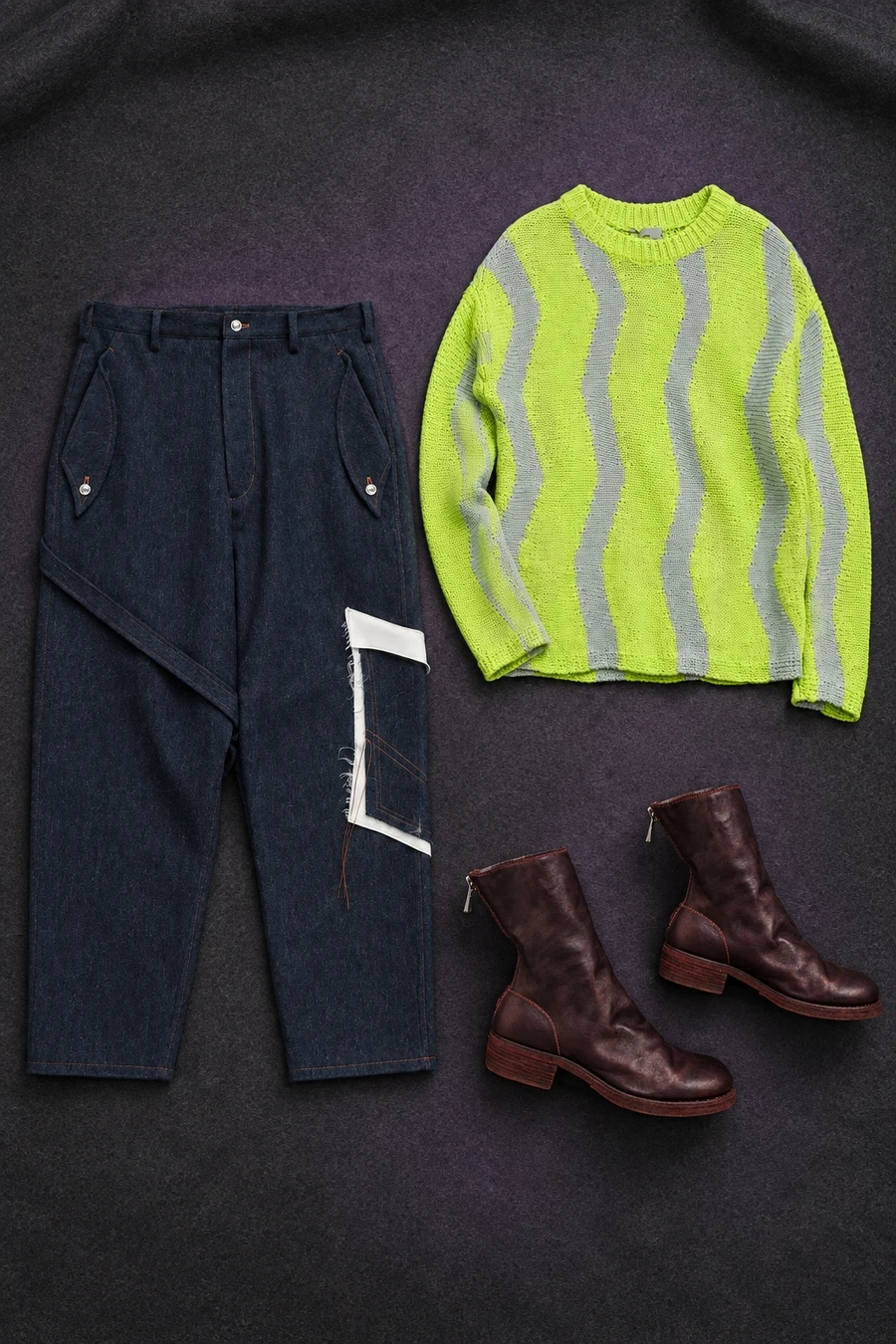 A lime Serapis sweater, navy Sulvam trousers and purple red Guidi boots.