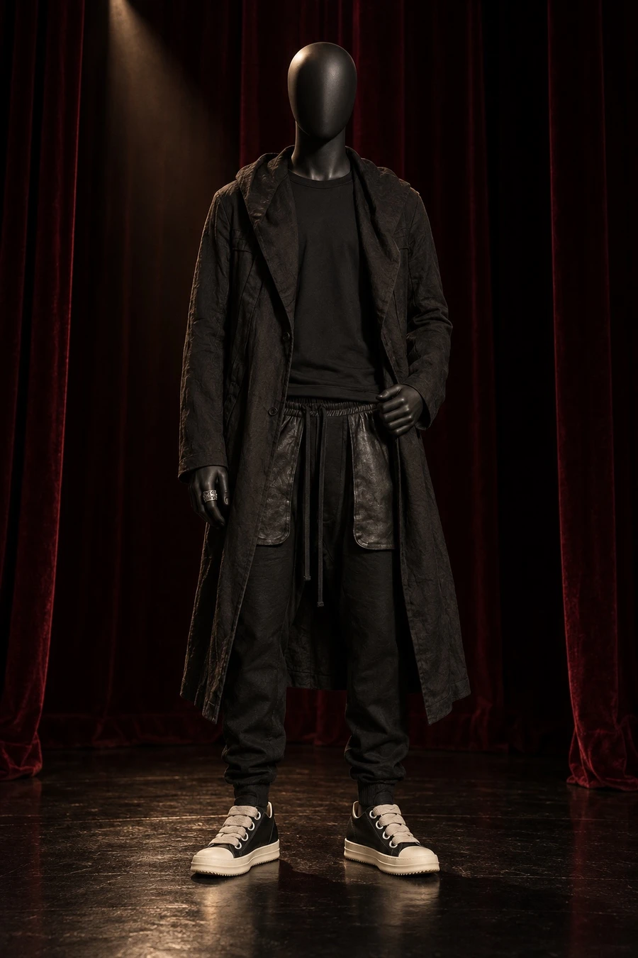 A faceless black mannequin wears a long Masnada parka, a Sunspel long sleeve, thom/krom trousers, Rick Owens sneakers and a Chrome Hearts ring on a dark stage.