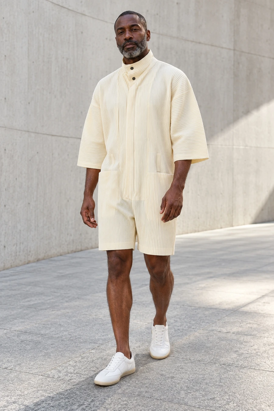An adult man wears milk white pleats at an aoyama courtyard in Tokyo.