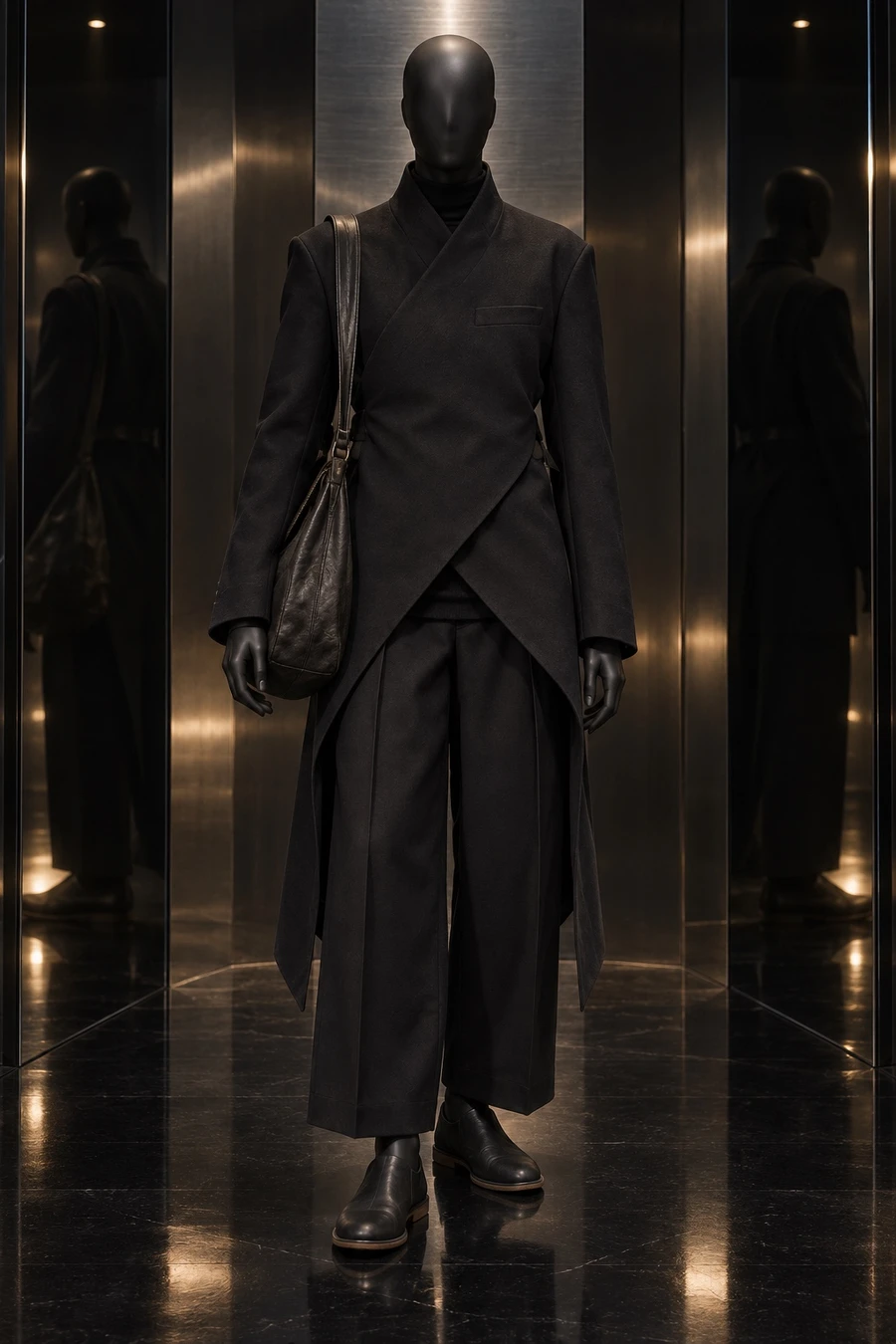 A black display mannequin in a belted Issey Miyake wrap jacket, Palindrome trousers and an Undercover knit, with Guidi slip ons and a Guidi bag, in a steel room.