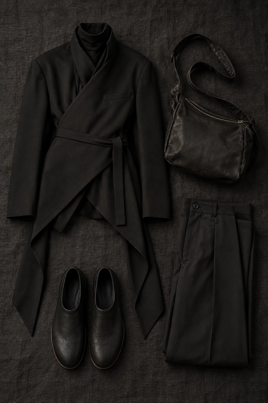 Minimal black in wool and leather. Flat lay of a black Issey Miyake jacket, black trousers, a black Undercover sweater and black Guidi slip on shoes.