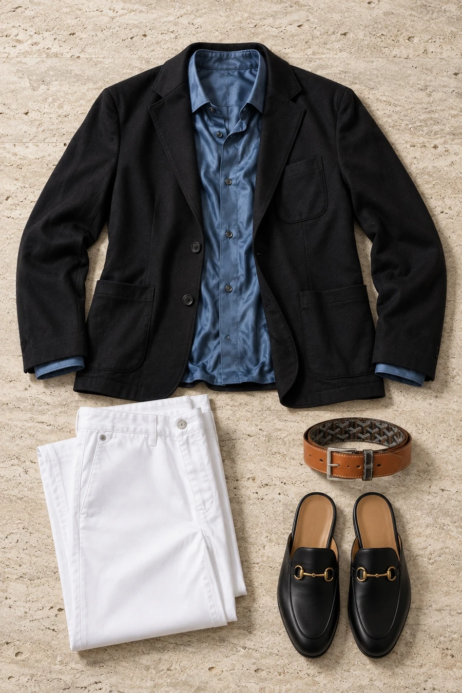 Monaco, before dinner. Flat lay of a black Tiger of Sweden blazer, a blue Hermes shirt and white Chrome Hearts chinos.