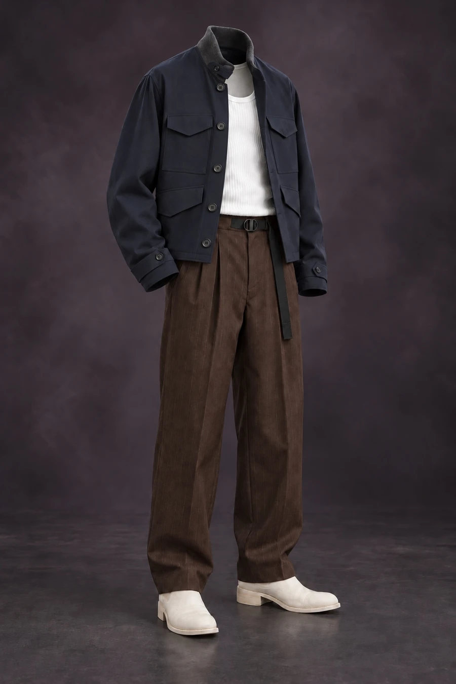 A navy UJOH pocket jacket sits over a white ribbed tank, chocolate trousers and white Guidi Chelsea boots. The complete outfit stands against a dark studio background.