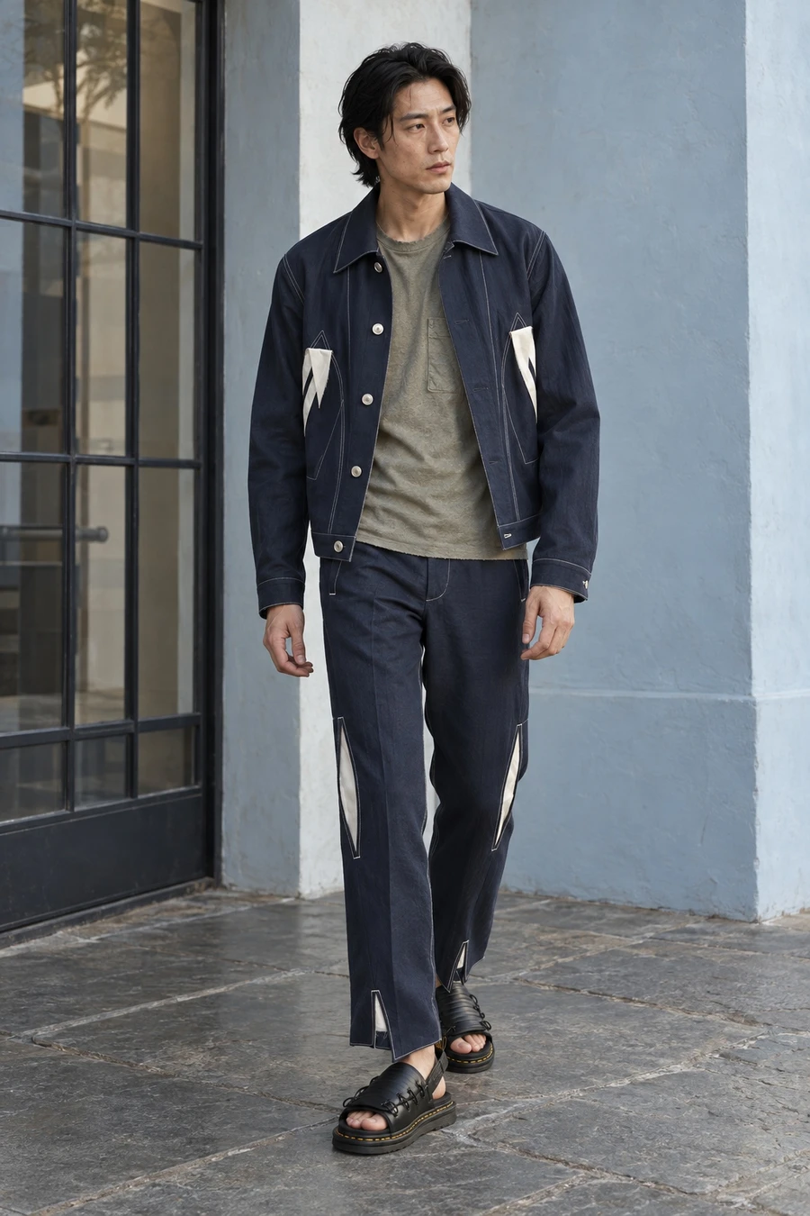 An adult man wears navy seams and verdigris at a bloomsbury studio in London.