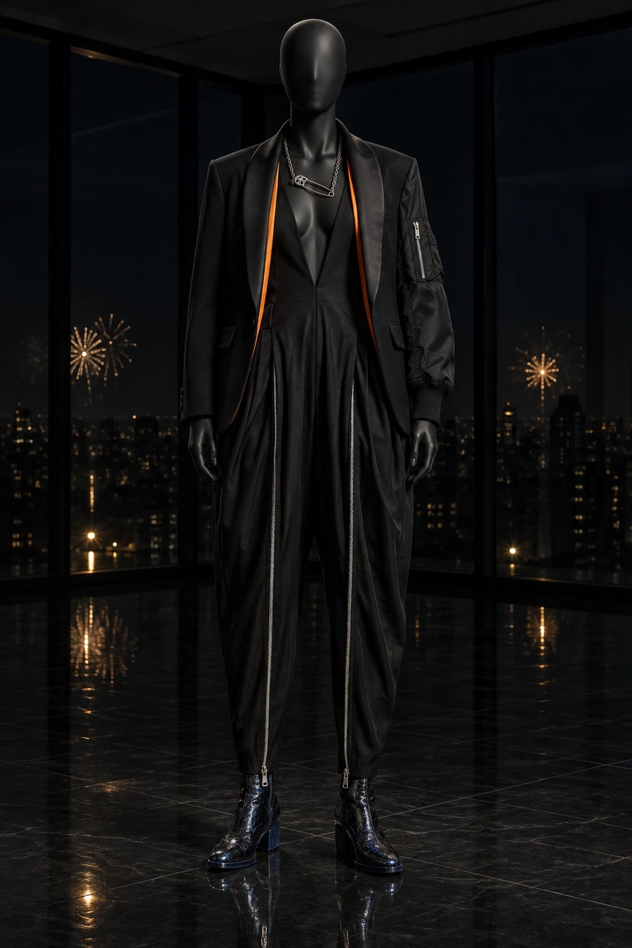 A black display mannequin in a black Coperni zip jumpsuit and an Undercover jacket, with Guidi glitter boots and a Chrome Hearts necklace, in a dark penthouse at midnight.