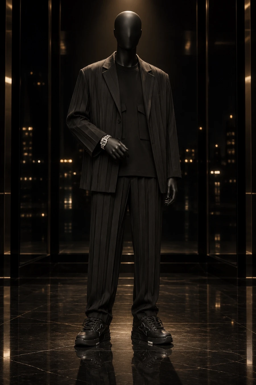 A faceless black mannequin wears a glossy pleated Homme Plissé suit, a UJOH top, Louis Vuitton Skate sneakers and a Chrome Hearts diamond bracelet in a dark glass hall.