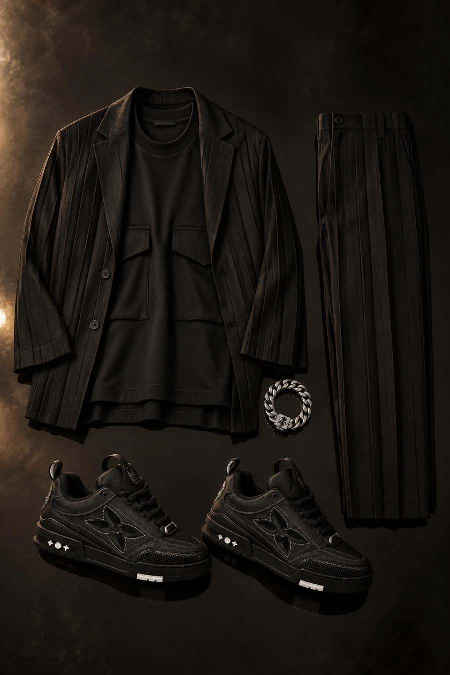 New Year's Eve in diamonds and pleats. Flat lay of a black Issey Miyake jacket, black trousers, a black UJOH sweater and black Louis Vuitton sneakers.