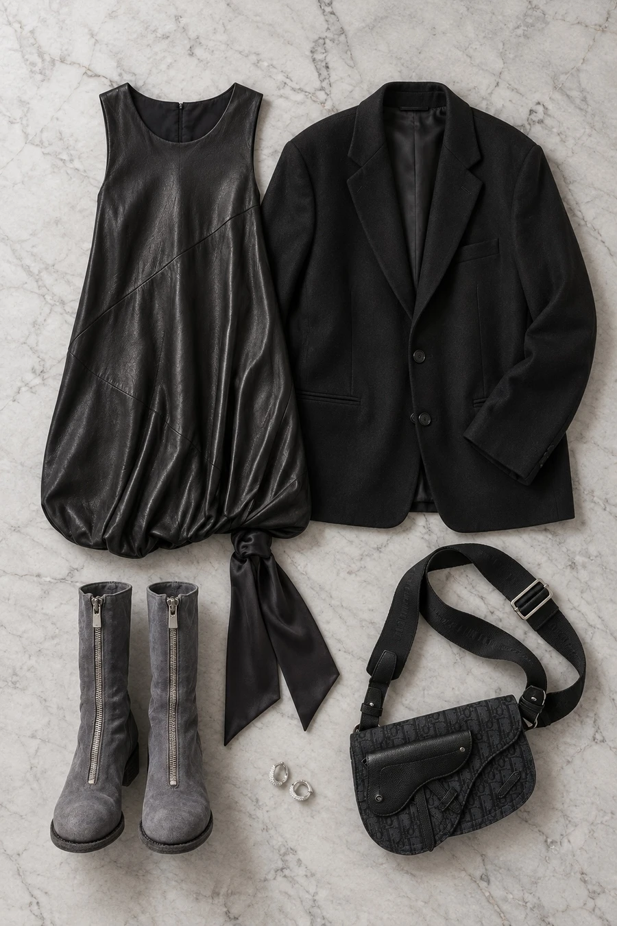 New Year's Eve in London. Flat lay of a black Helmut Lang dress, a black MM6 blazer, slate grey Guidi boots and a black Dior bag.