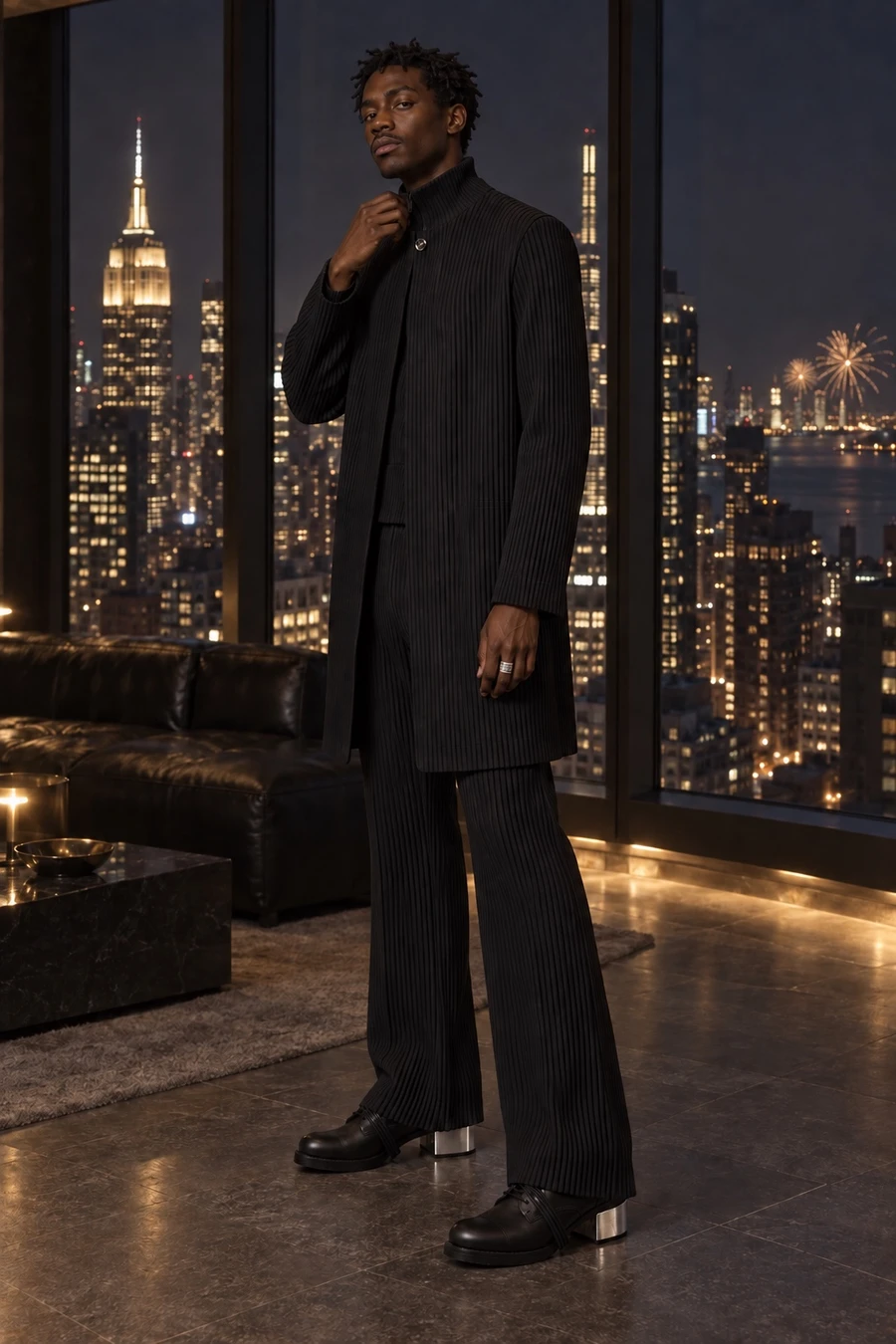 A Black American man in an all black Homme Plissé collarless jacket, half zip and flared trousers with Guidi metal heel shoes stands at a window above Manhattan at midnight.