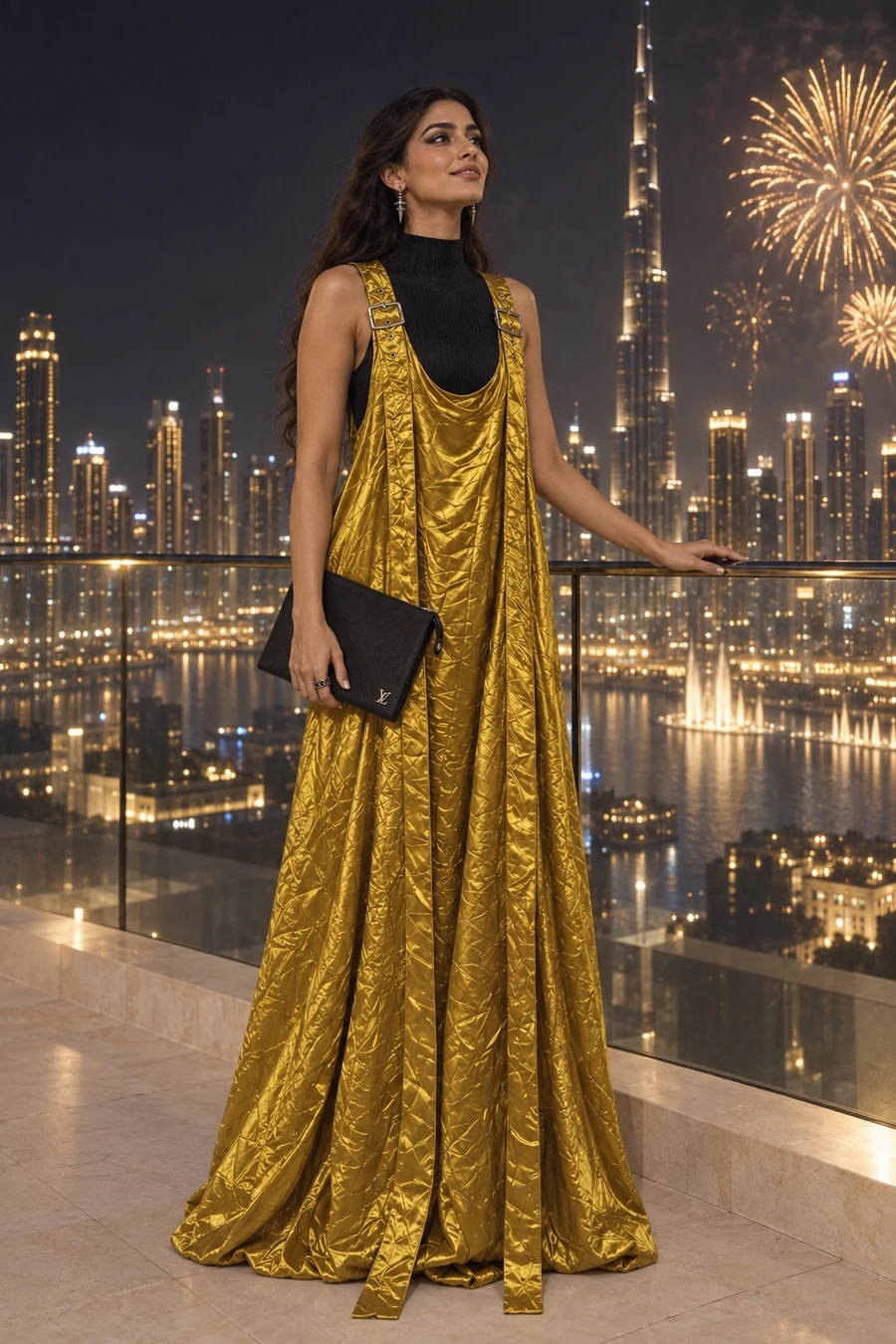 An Emirati woman in a gold Sies Marjan gown over a black pleated top, with Chrome Hearts earrings and a black Louis Vuitton pochette, stands on a Dubai rooftop at midnight as fireworks open.