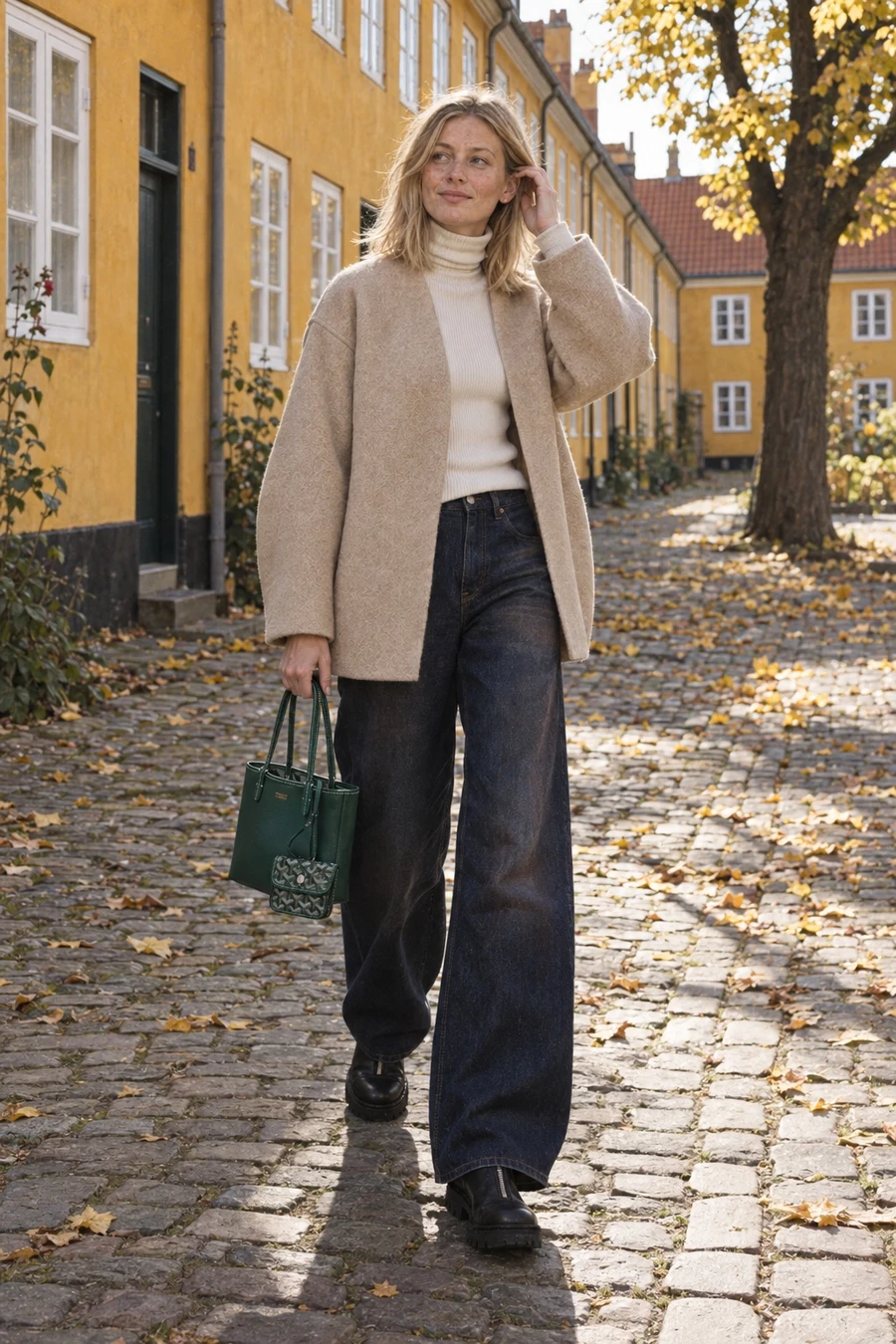 A Danish woman in an oat RUOHAN cashmere jacket, an ivory turtleneck, dark MM6 jeans and black Guidi boots walks a cobbled Copenhagen lane in October with a green Goyard Anjou.