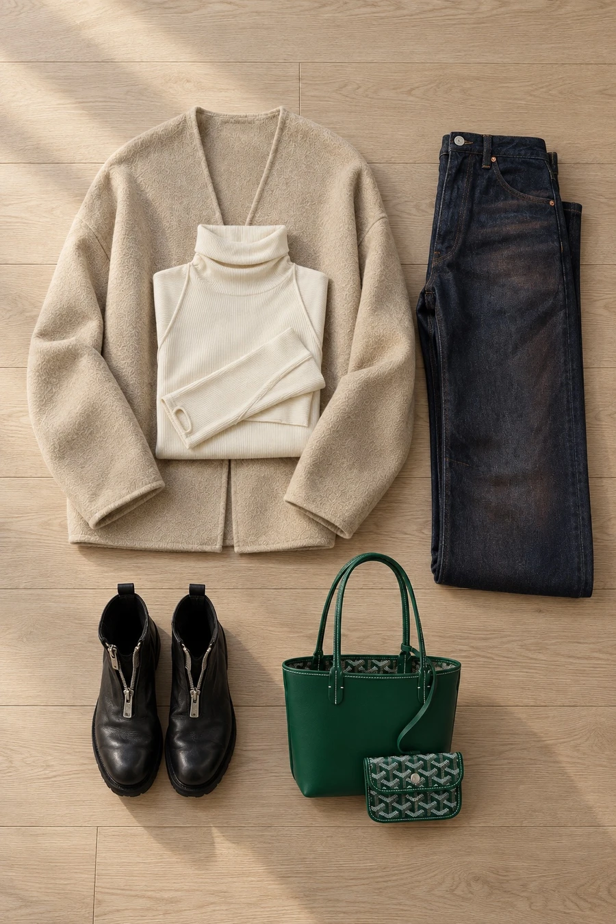 October in Copenhagen. Flat lay of a beige RUOHAN jacket, an ivory Helmut Lang turtleneck, dark indigo MM6 jeans and black Guidi boots.