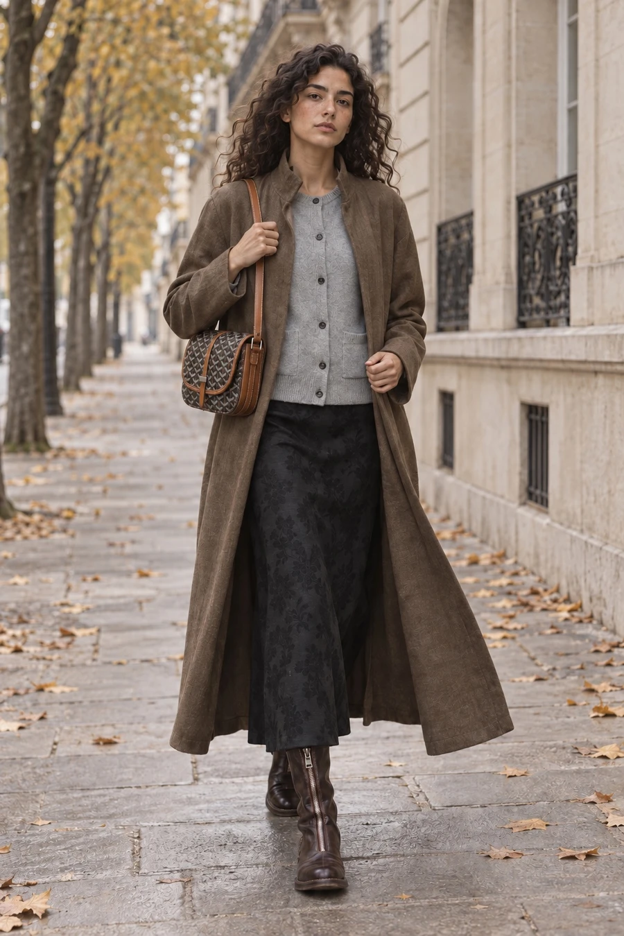 An Algerian French woman in a long brown RUOHAN coat, a grey MM6 cardigan, a black jacquard skirt and burgundy Guidi boots walks a Saint-Germain street in October with a Goyard Belvedere.