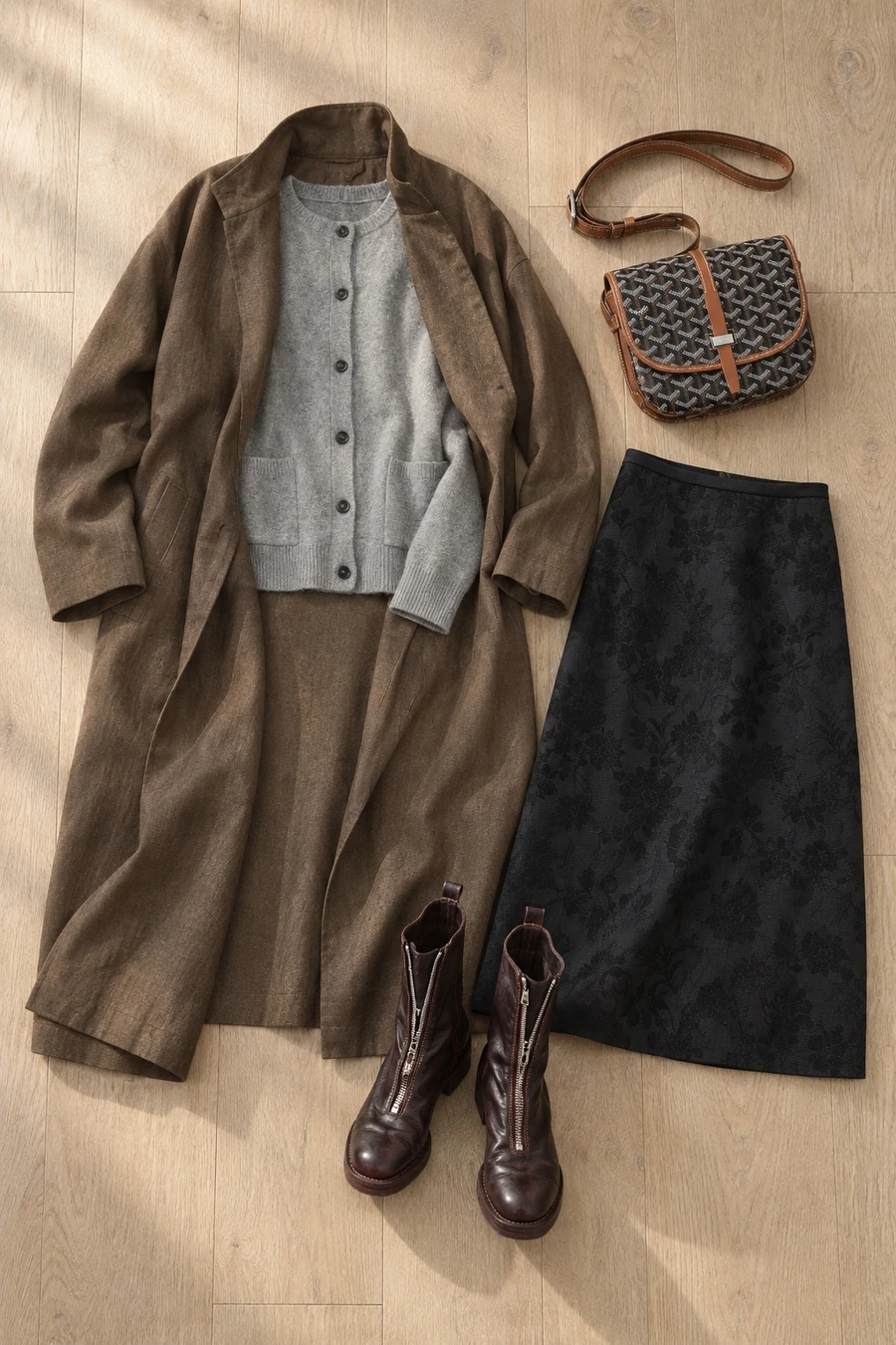 October in Saint-Germain. Flat lay of a brown RUOHAN jacket, a grey MM6 cardigan, a black INTO THE EAST skirt and burgundy Guidi boots.