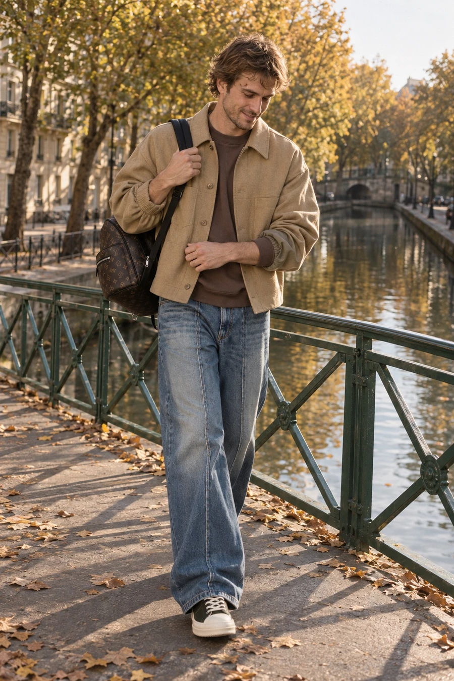 A French man in a sand UJOH blouson, a brown UJOH pullover, MM6 wide leg jeans and green Rick Owens sneakers crosses a footbridge on the Canal Saint-Martin.