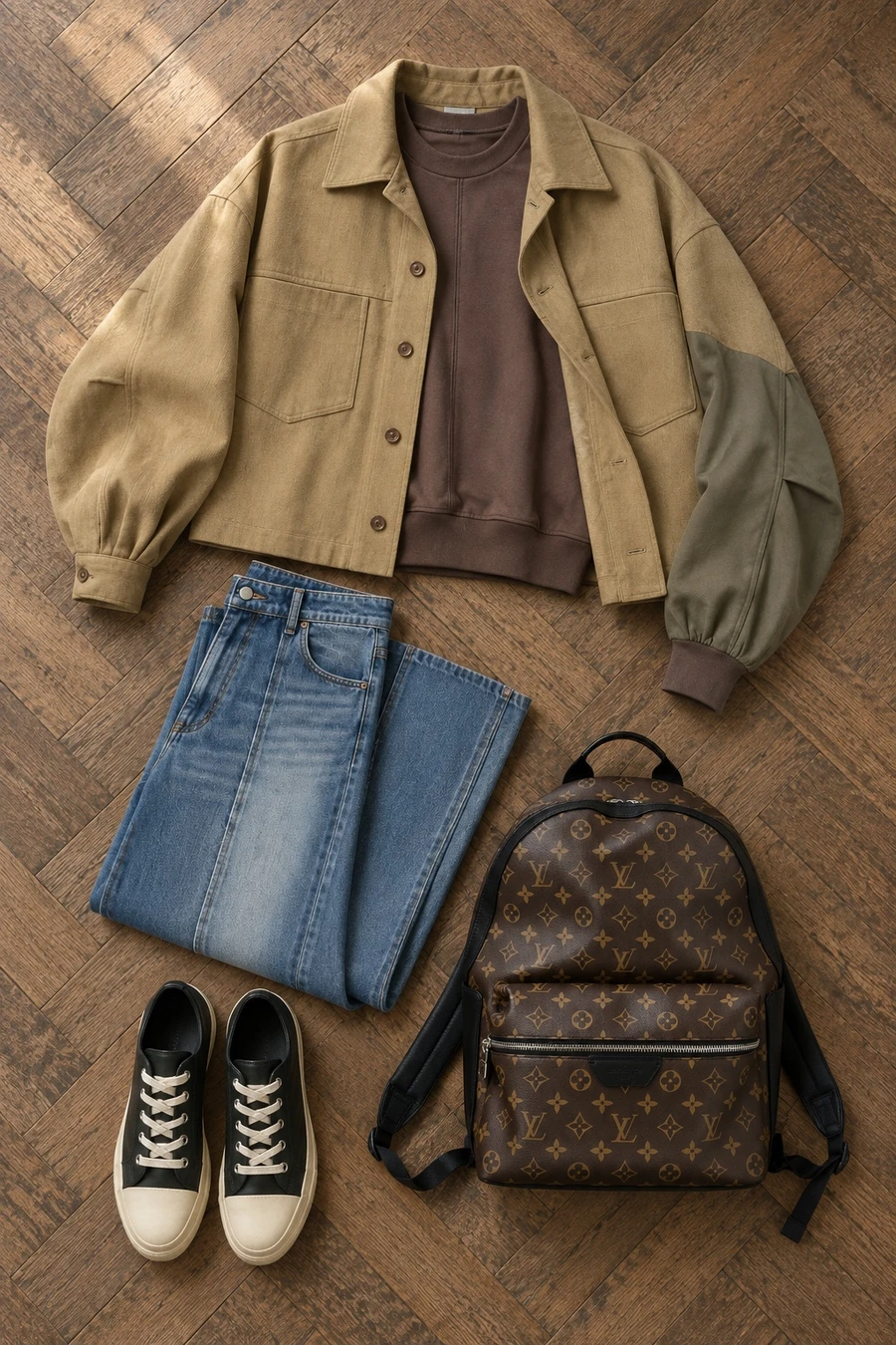 October on the Canal Saint-Martin. Flat lay of a sand UJOH blouson, a brown sweater, blue MM6 jeans and milk Rick Owens sneakers.